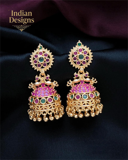 Traditional Peacock Jhumka Earrings| Gold Plated Indian Earrings with Ruby, Emerald & CZ Stones| Statement Jhumkas for Weddings|Gift for Her