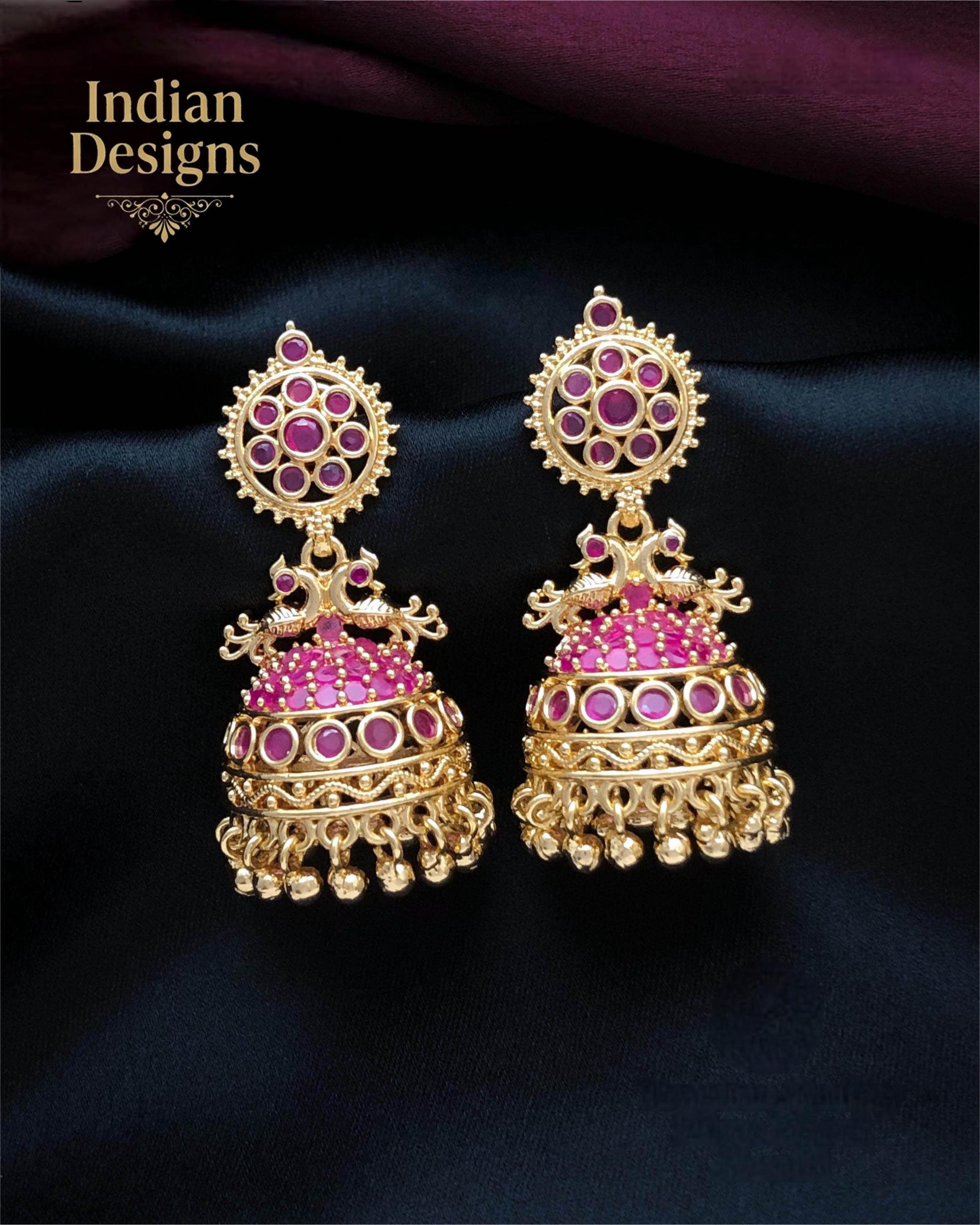 Traditional Peacock Jhumka Earrings| Gold Plated Indian Earrings with Ruby, Emerald & CZ Stones| Statement Jhumkas for Weddings|Gift for Her
