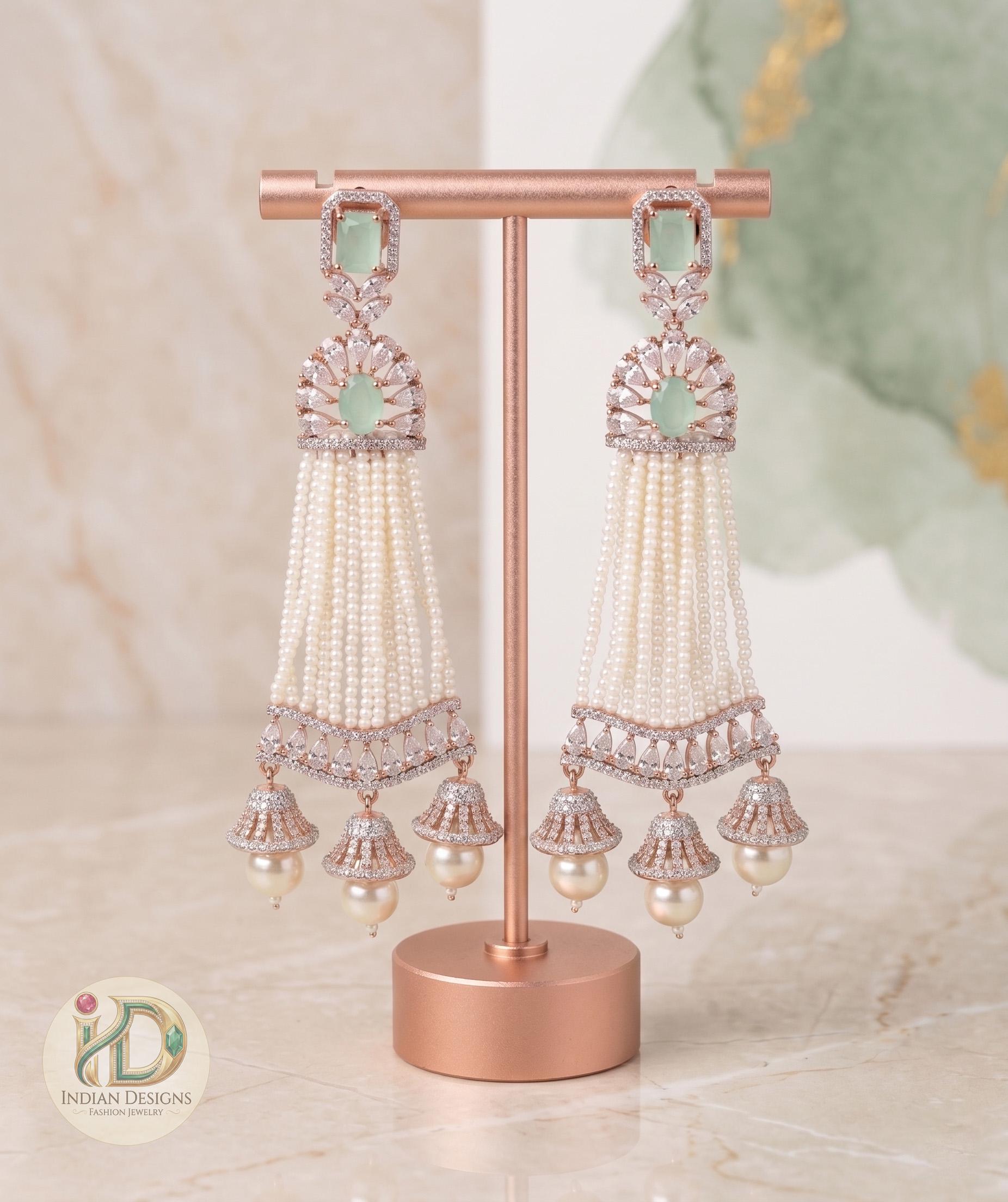 Rose Gold Plated White AD Stones Traditional Triple Jhumka Hanging Earrings|Diamond Jhumkas|Traditional Earrings