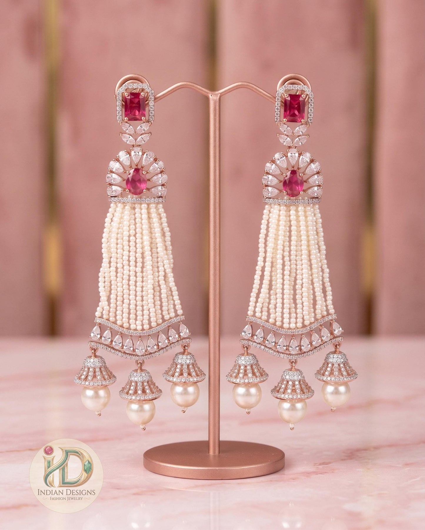 Rose Gold Plated White AD Stones Traditional Triple Jhumka Hanging Earrings|Diamond Jhumkas|Traditional Earrings