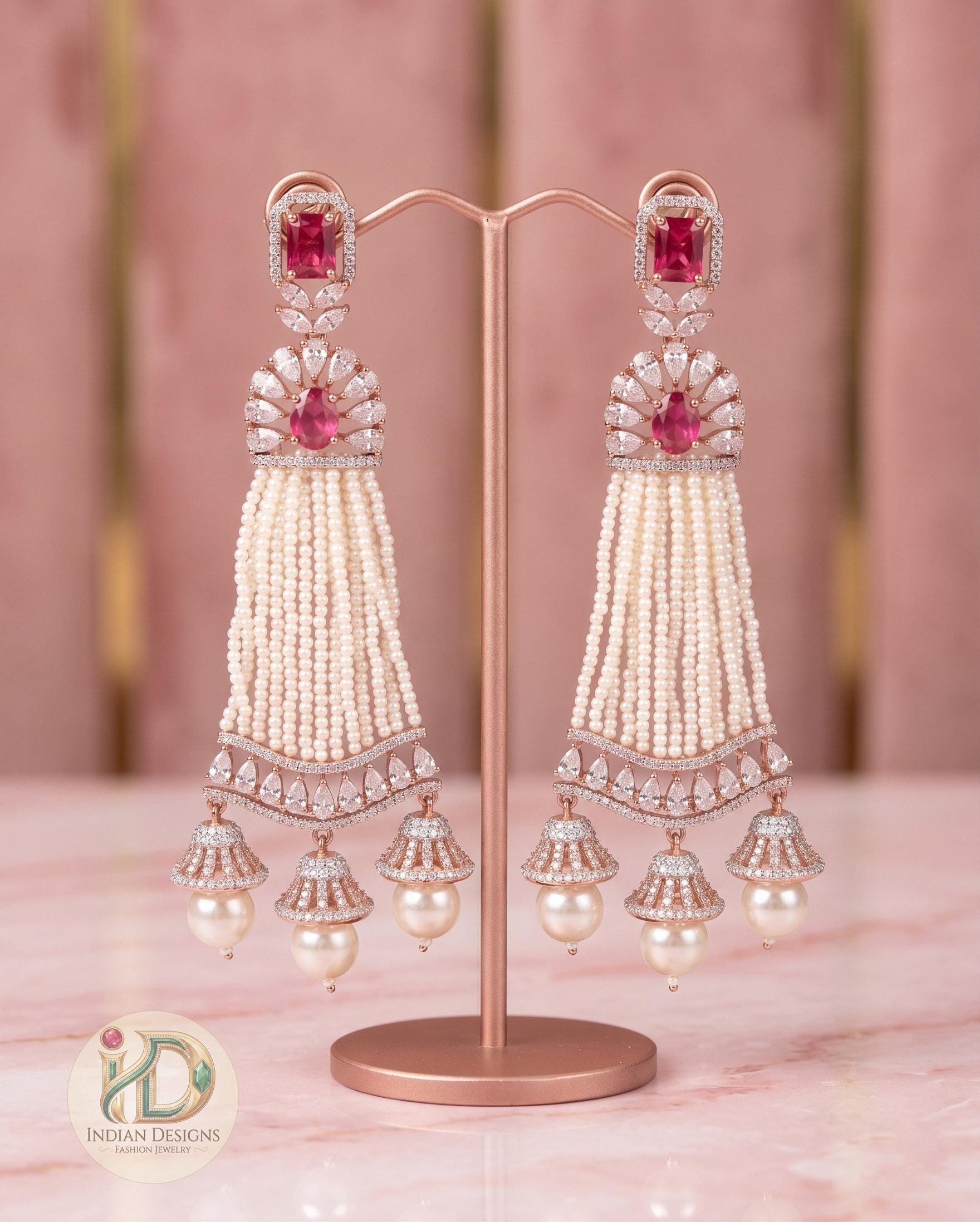 Rose Gold Plated White AD Stones Traditional Triple Jhumka Hanging Earrings|Diamond Jhumkas|Traditional Earrings