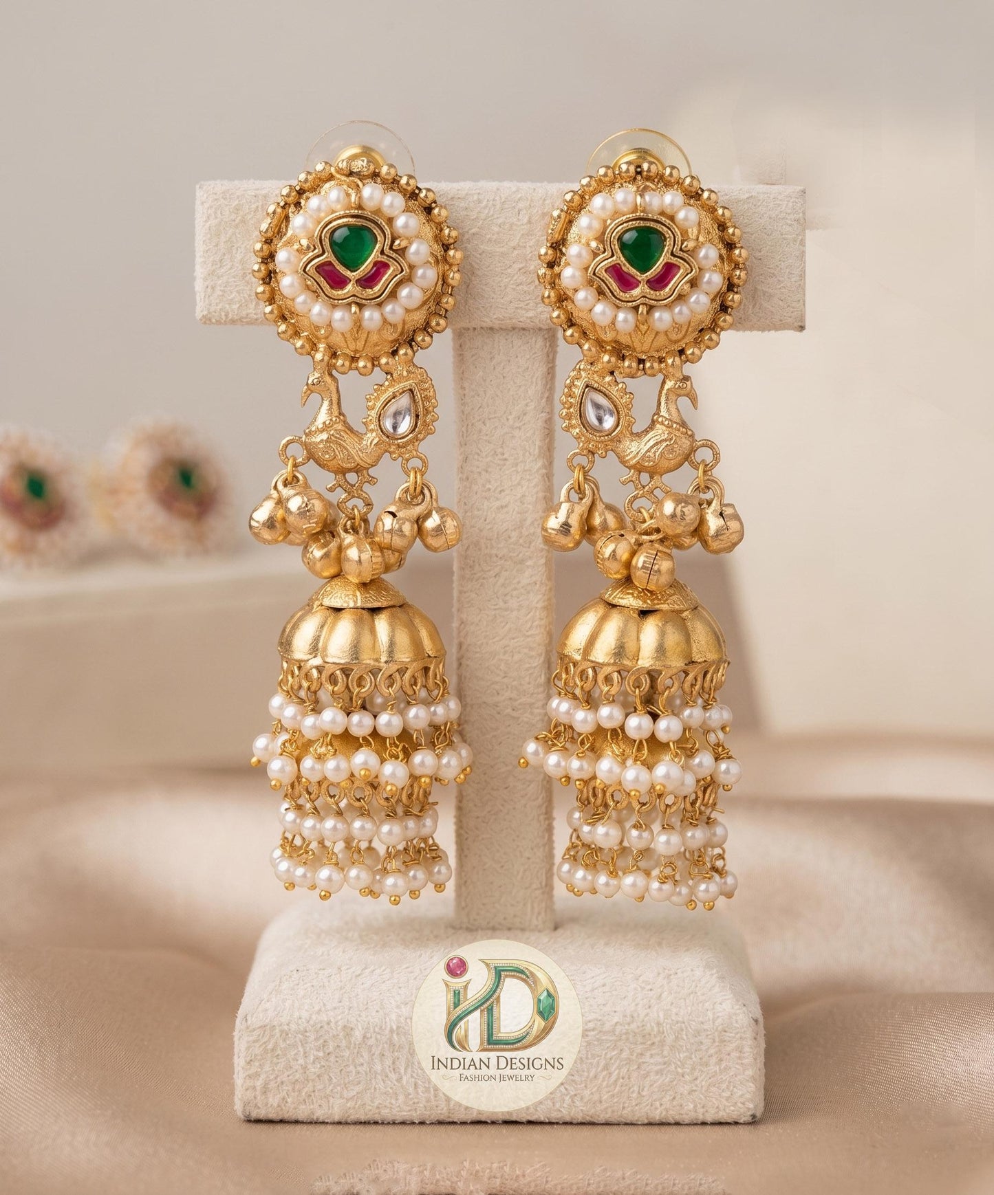 Matte Gold Kundan Jhumka Earrings| Traditional South Indian Temple Earrings| Bridal Pearl Jhumkas| Festive Wedding Jewelry| Gift for her