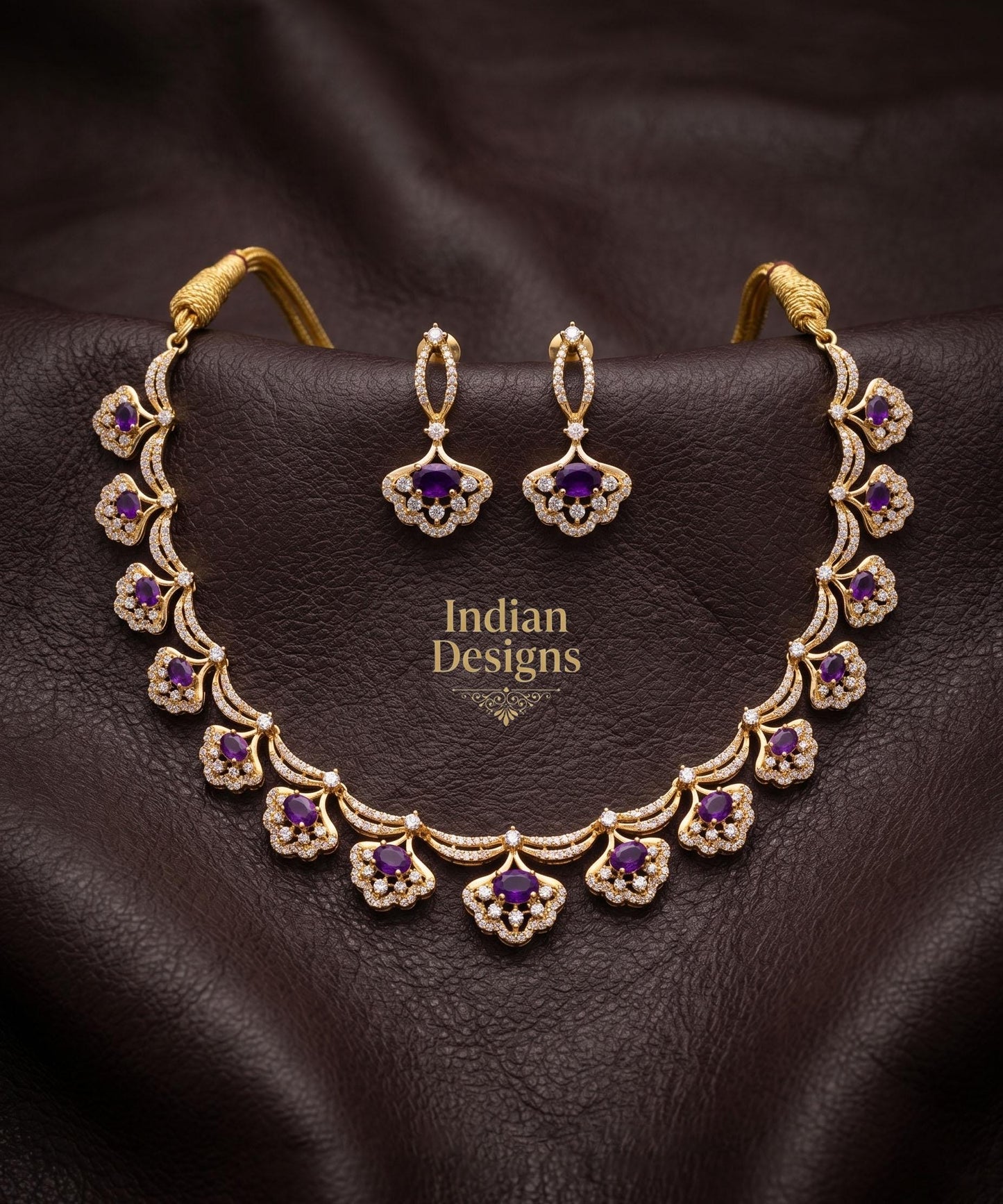Gold Plated Indian Necklace Set with Earrings| American Diamond Necklace| Dainty Jewelry| Floral CZ Diamond Choker| Anniversary Gift for her
