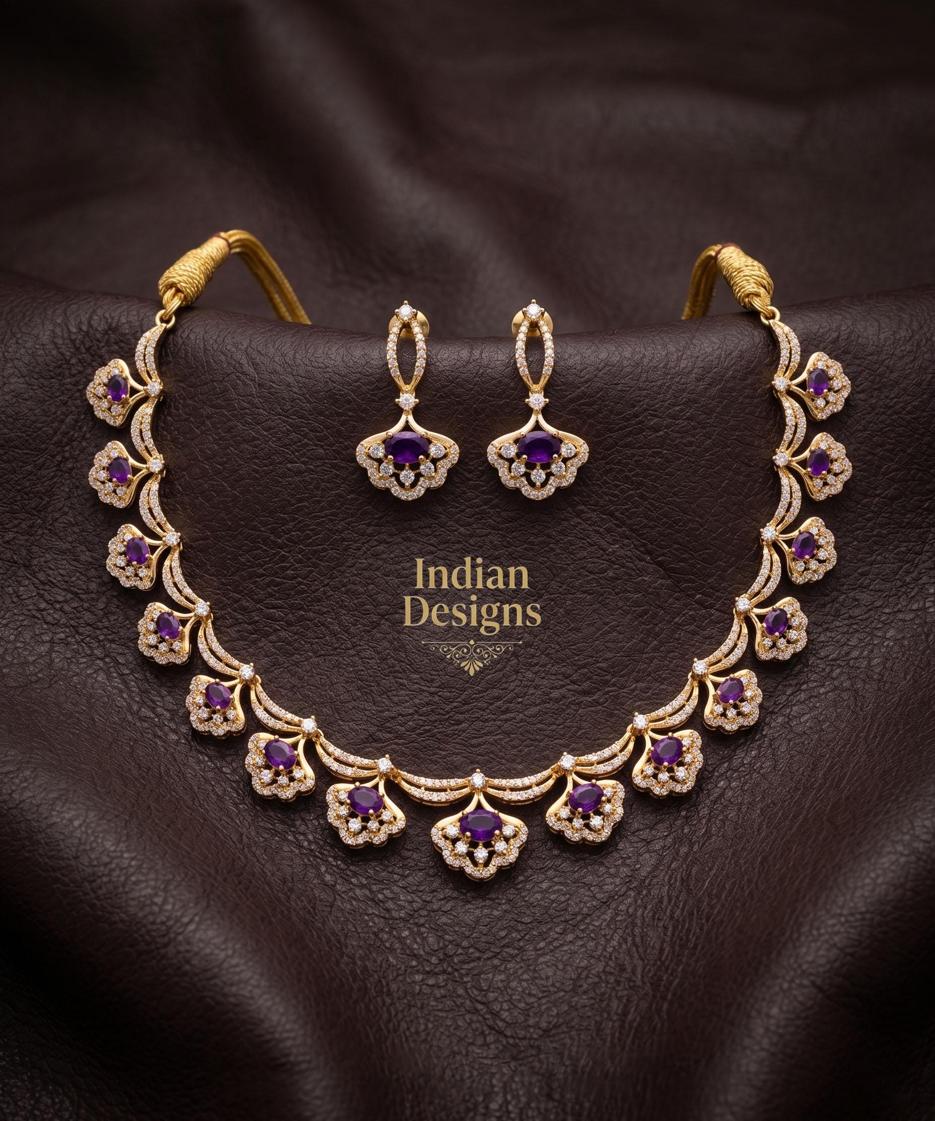 Gold Plated Indian Necklace Set with Earrings| American Diamond Necklace| Dainty Jewelry| Floral CZ Diamond Choker| Anniversary Gift for her