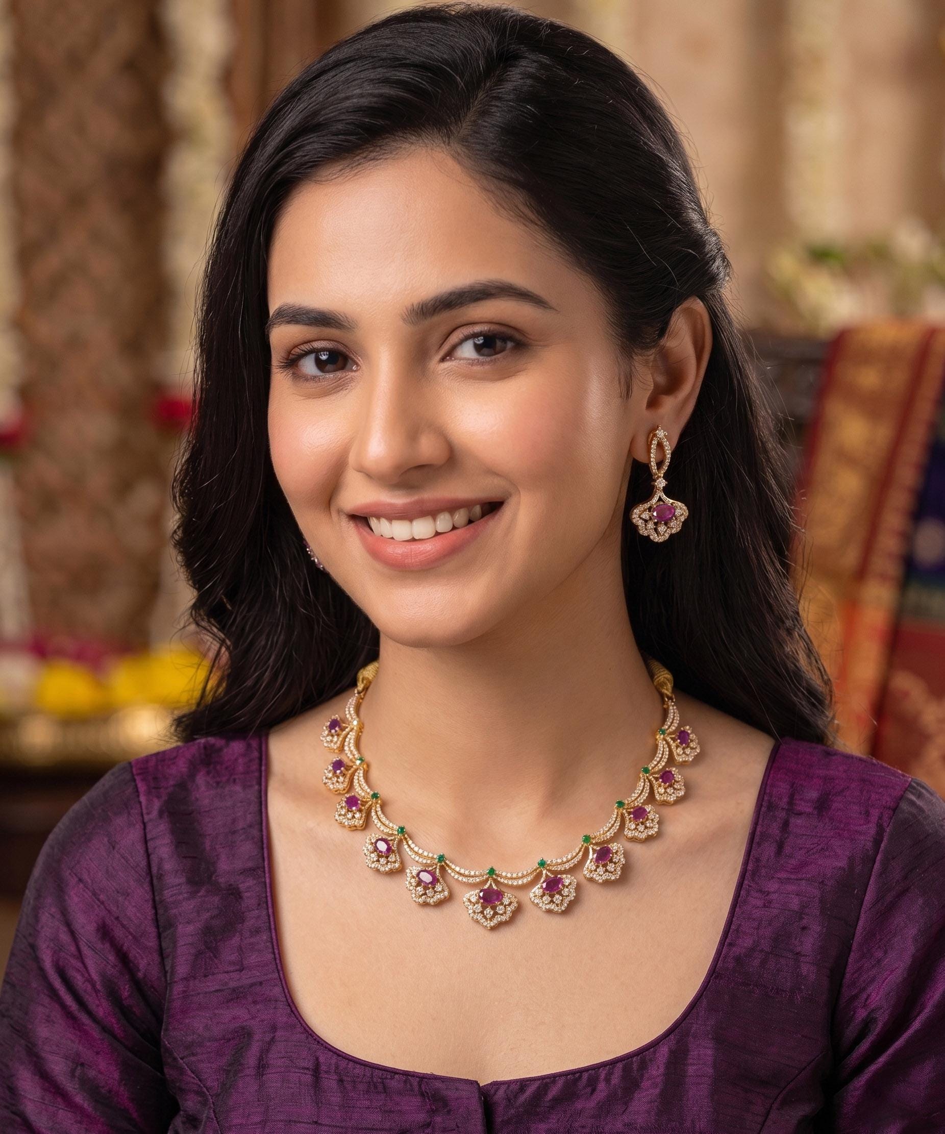 Gold Plated Indian Necklace Set with Earrings| American Diamond Necklace| Dainty Jewelry| Floral CZ Diamond Choker| Anniversary Gift for her