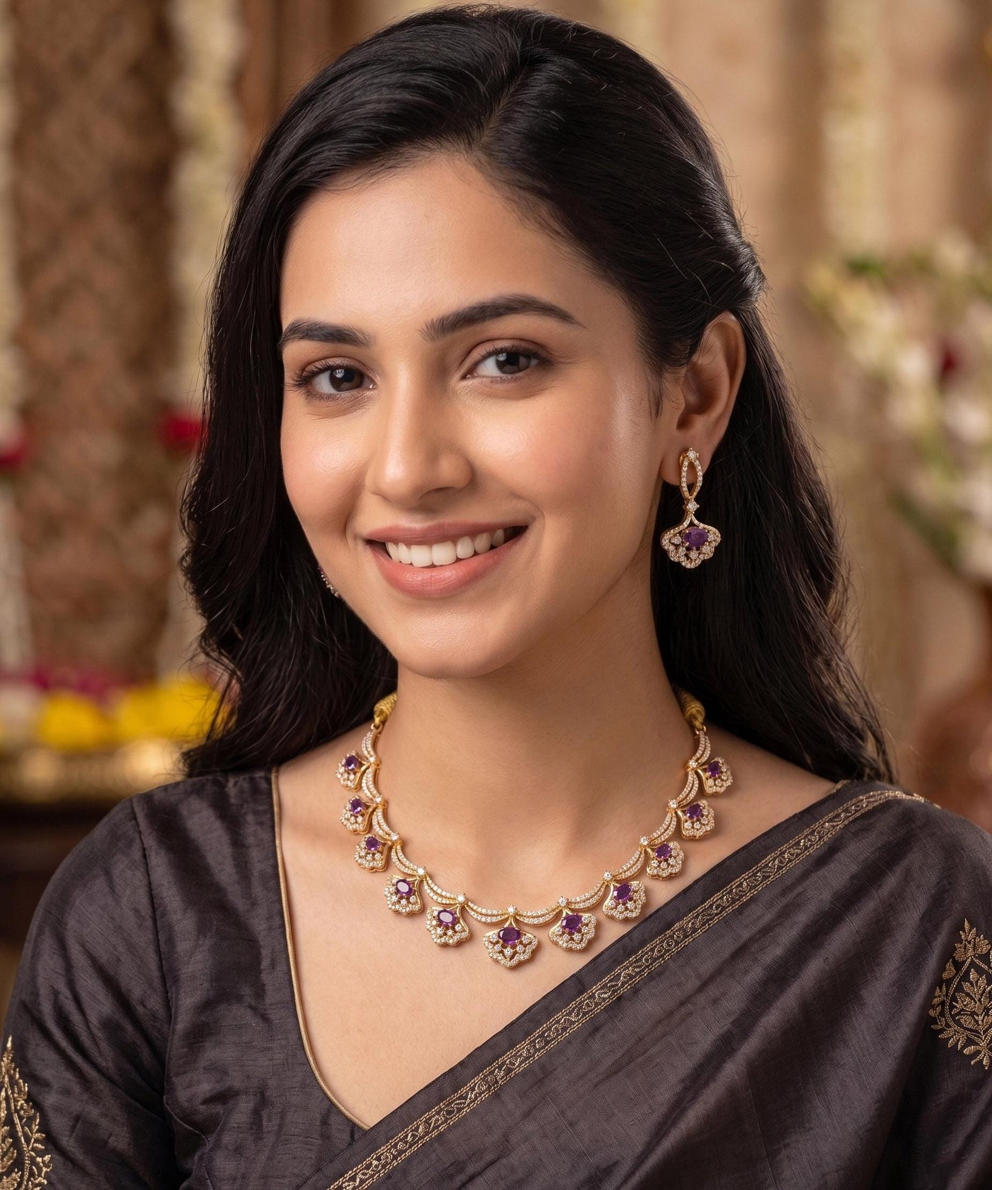 Gold Plated Indian Necklace Set with Earrings| American Diamond Necklace| Dainty Jewelry| Floral CZ Diamond Choker| Anniversary Gift for her