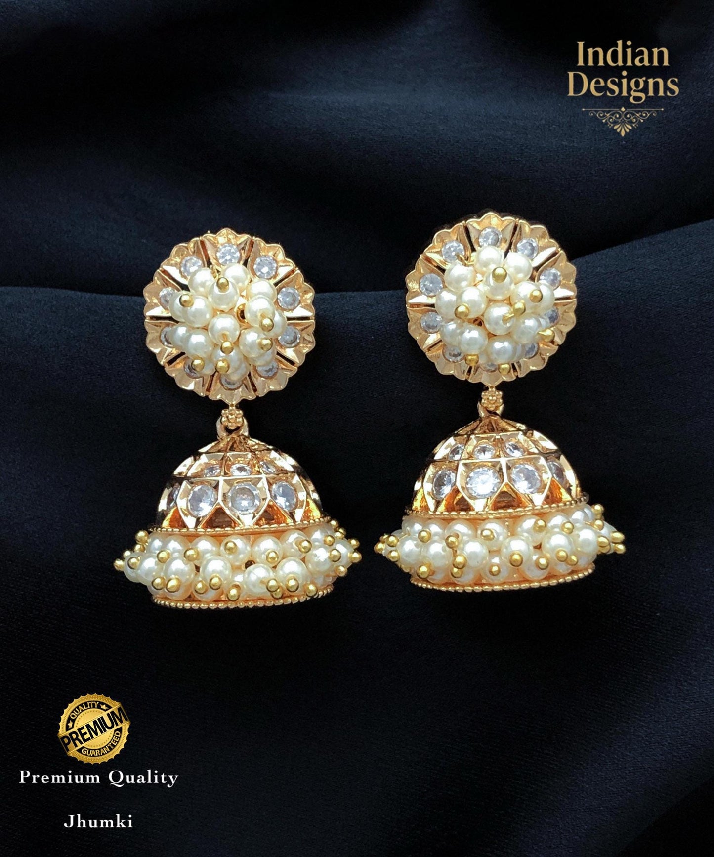 Small Jhumka Earrings with Pearls & AD Stones| Gold Plated Indian Earrings| Minimalist Traditional South Indian style Jhumki| Gift for Her