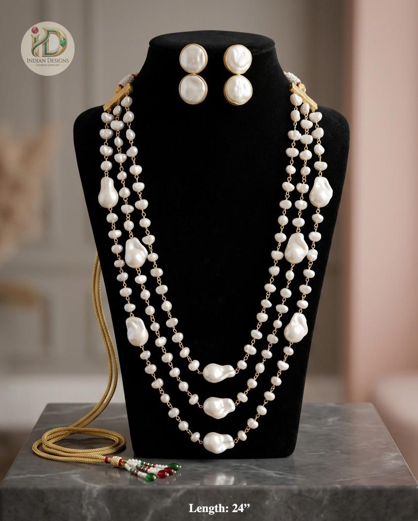 Baroque Pearl Long Necklace Set| Layered Pearl Mala| Indian Pearl Jewelry| Elegant Wedding Necklace| South Indian Jewelry| Gift for her