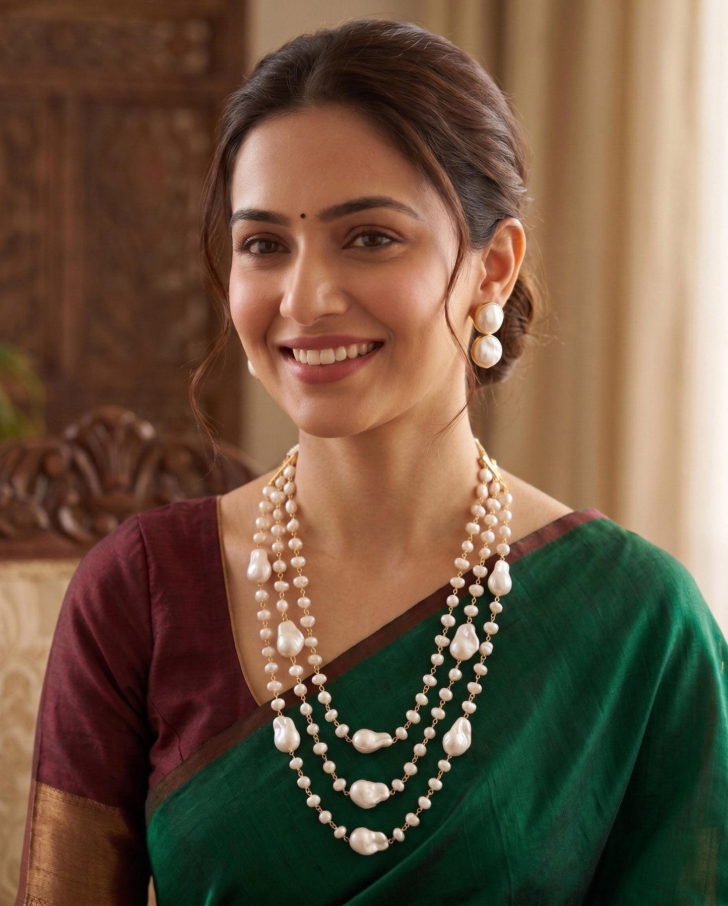 Baroque Pearl Long Necklace Set| Layered Pearl Mala| Indian Pearl Jewelry| Elegant Wedding Necklace| South Indian Jewelry| Gift for her