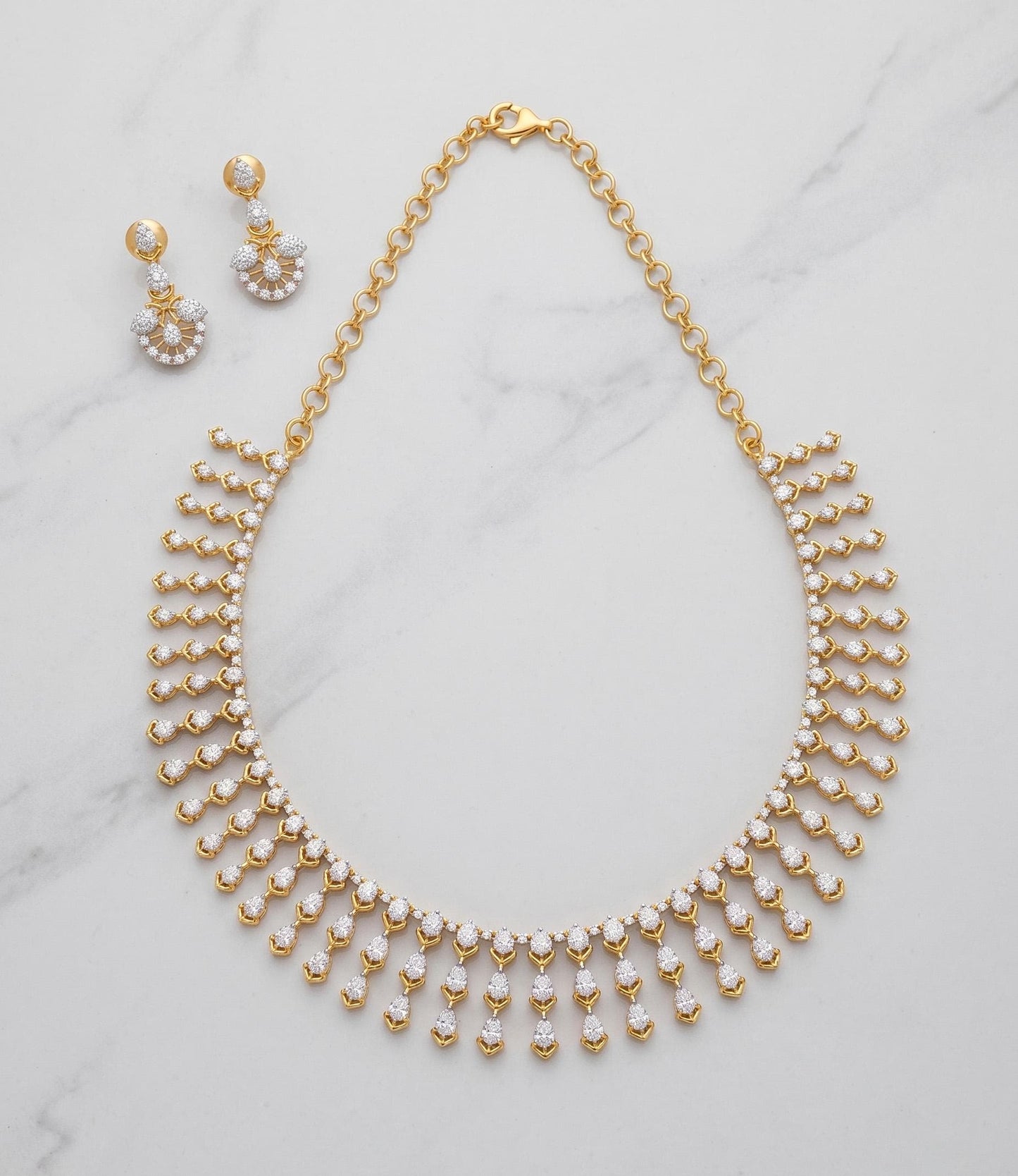 American Diamond Gold Finish Necklace Set| Statement necklace earrings| White & Gold Tone Elegant Party Wear AD Necklace Set| Gift for her