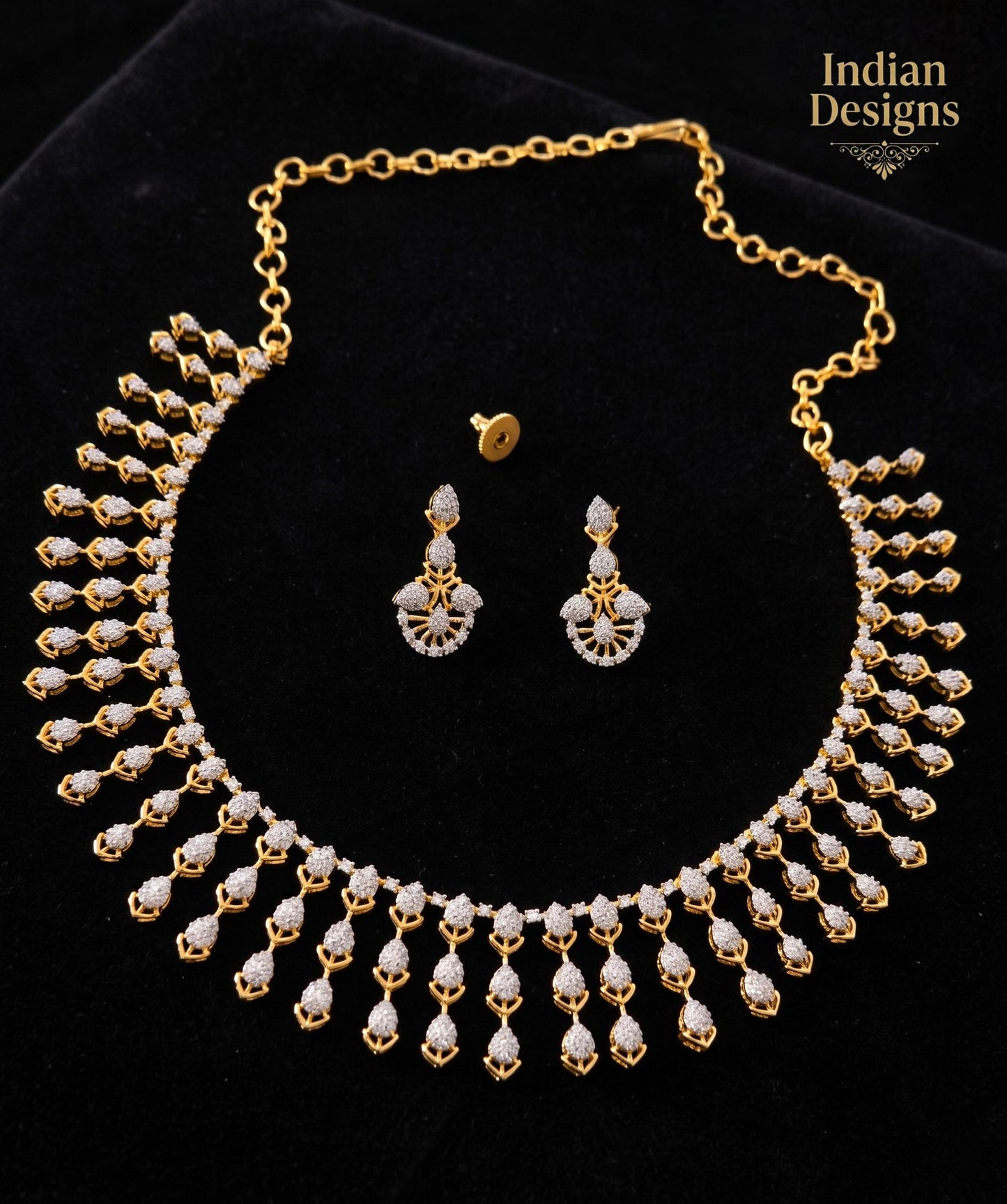 American Diamond Gold Finish Necklace Set| Statement necklace earrings| White & Gold Tone Elegant Party Wear AD Necklace Set| Gift for her