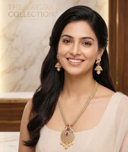 22k Gold Plated Necklace & Jhumka Earrings with AD stones| Traditional Indian Wedding Jewelry| Long Necklace Set| Anniversary Gift for Her