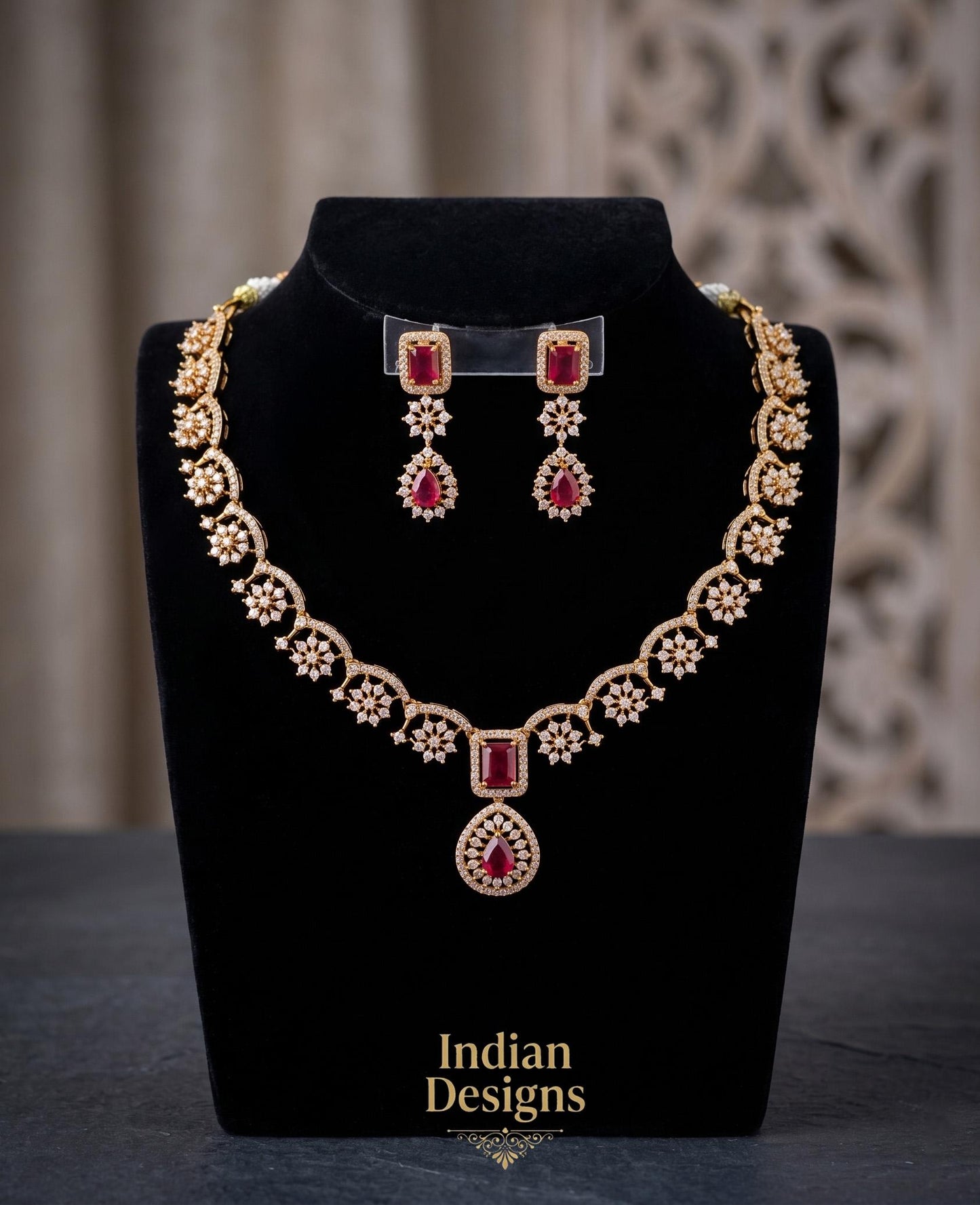 Matte Gold Indian Necklace Set with Earrings| American Diamond CZ Choker| Emerald Green Pink Purple Mint Ruby Necklace Set| Gift for her