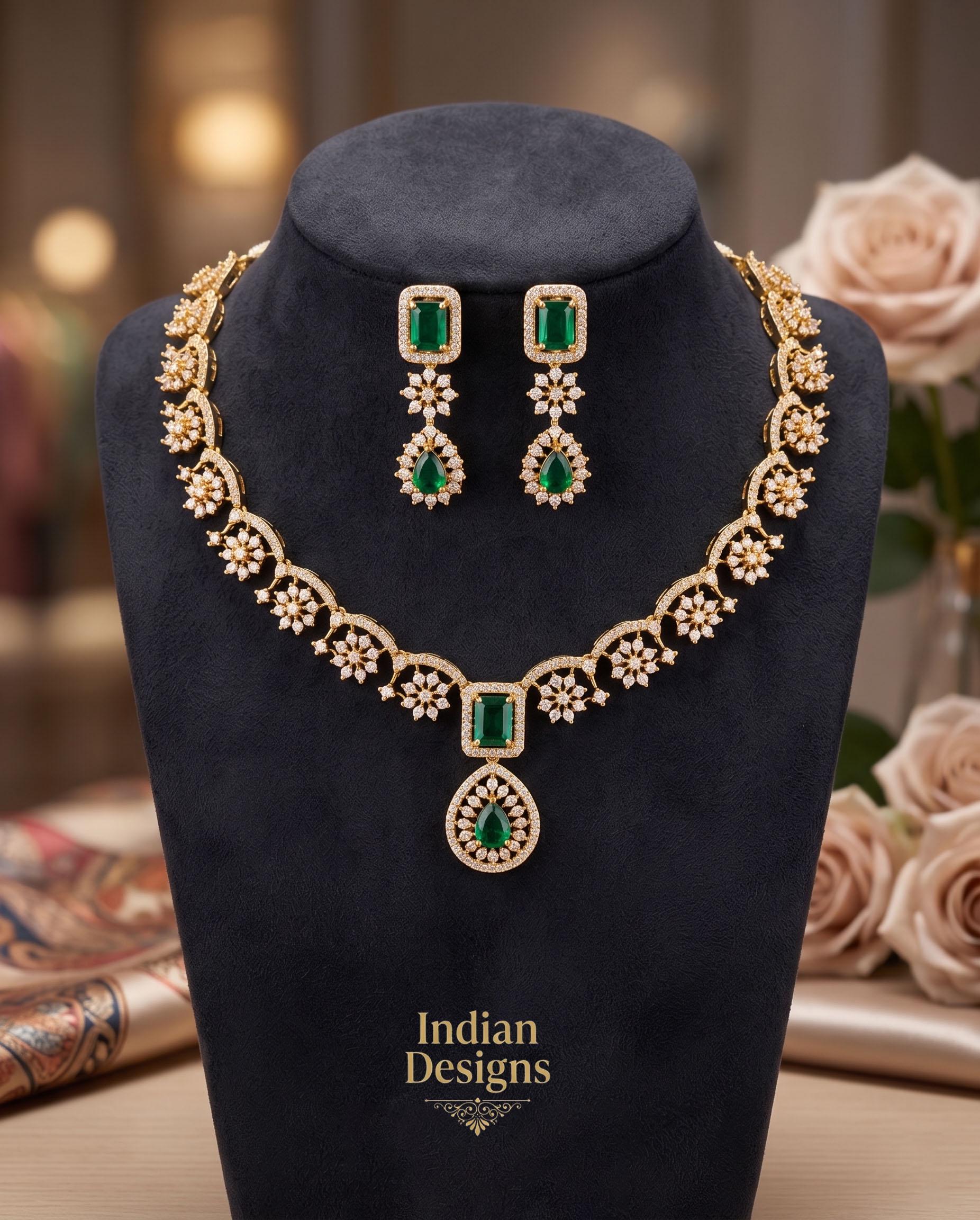 Matte Gold Indian Necklace Set with Earrings| American Diamond CZ Choker| Emerald Green Pink Purple Mint Ruby Necklace Set| Gift for her
