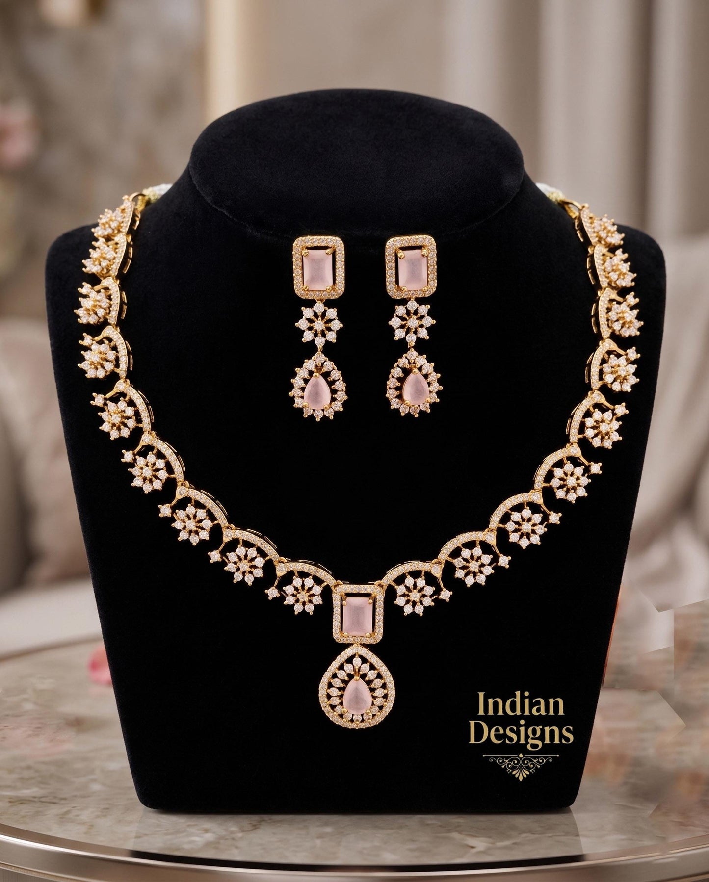 Matte Gold Indian Necklace Set with Earrings| American Diamond CZ Choker| Emerald Green Pink Purple Mint Ruby Necklace Set| Gift for her