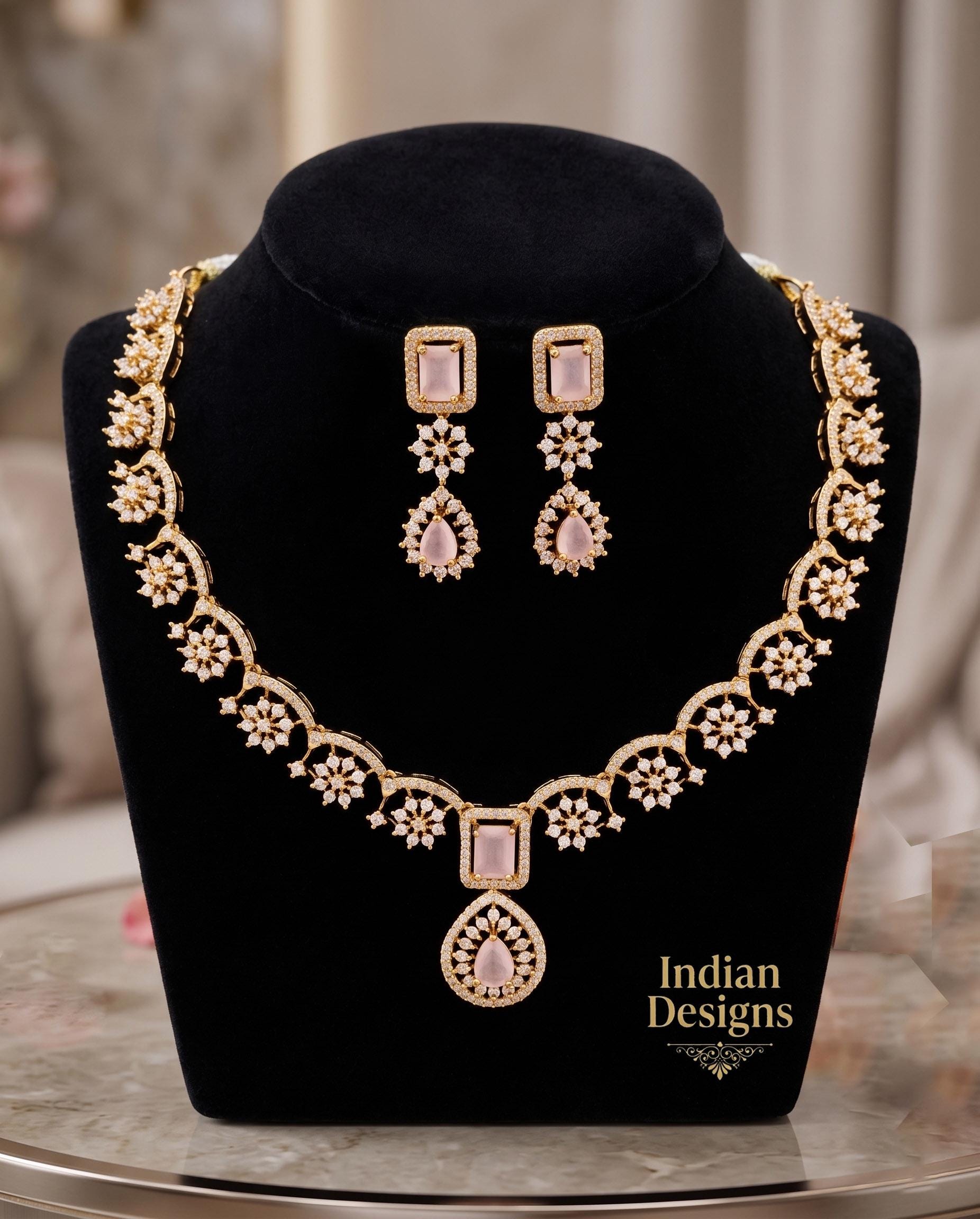 Matte Gold Indian Necklace Set with Earrings| American Diamond CZ Choker| Emerald Green Pink Purple Mint Ruby Necklace Set| Gift for her