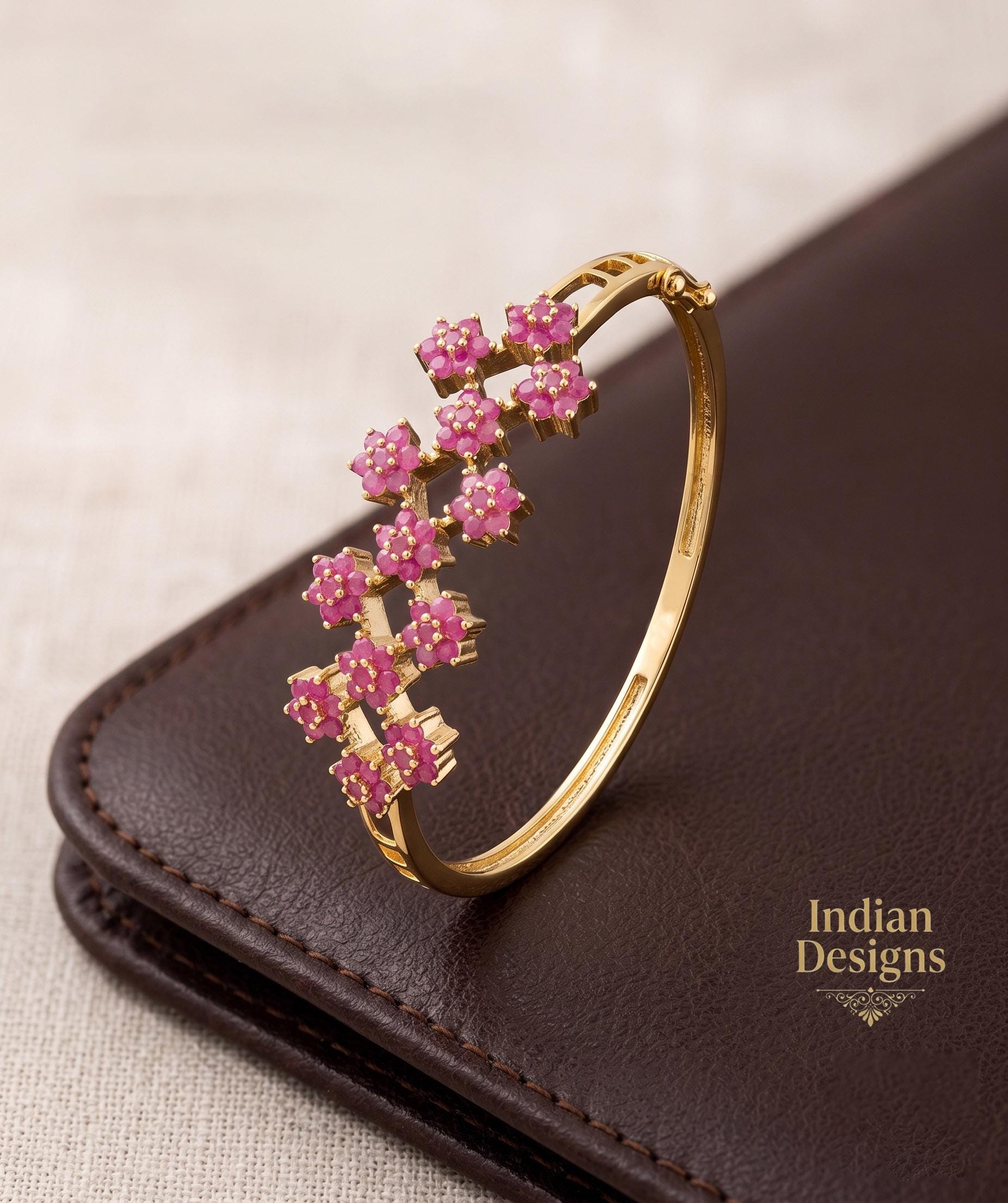 Gold Floral Bangle Bracelet| Indian Emerald Ruby Pearl Flower Cluster Kada| Statement Bridal Jewelry| Multi Gemstone Kada| Gift for Her