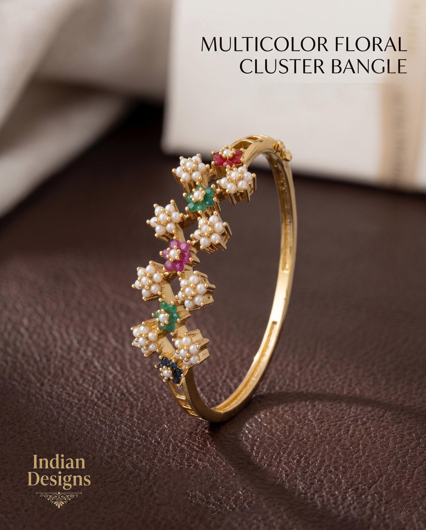 Gold Floral Bangle Bracelet| Indian Emerald Ruby Pearl Flower Cluster Kada| Statement Bridal Jewelry| Multi Gemstone Kada| Gift for Her