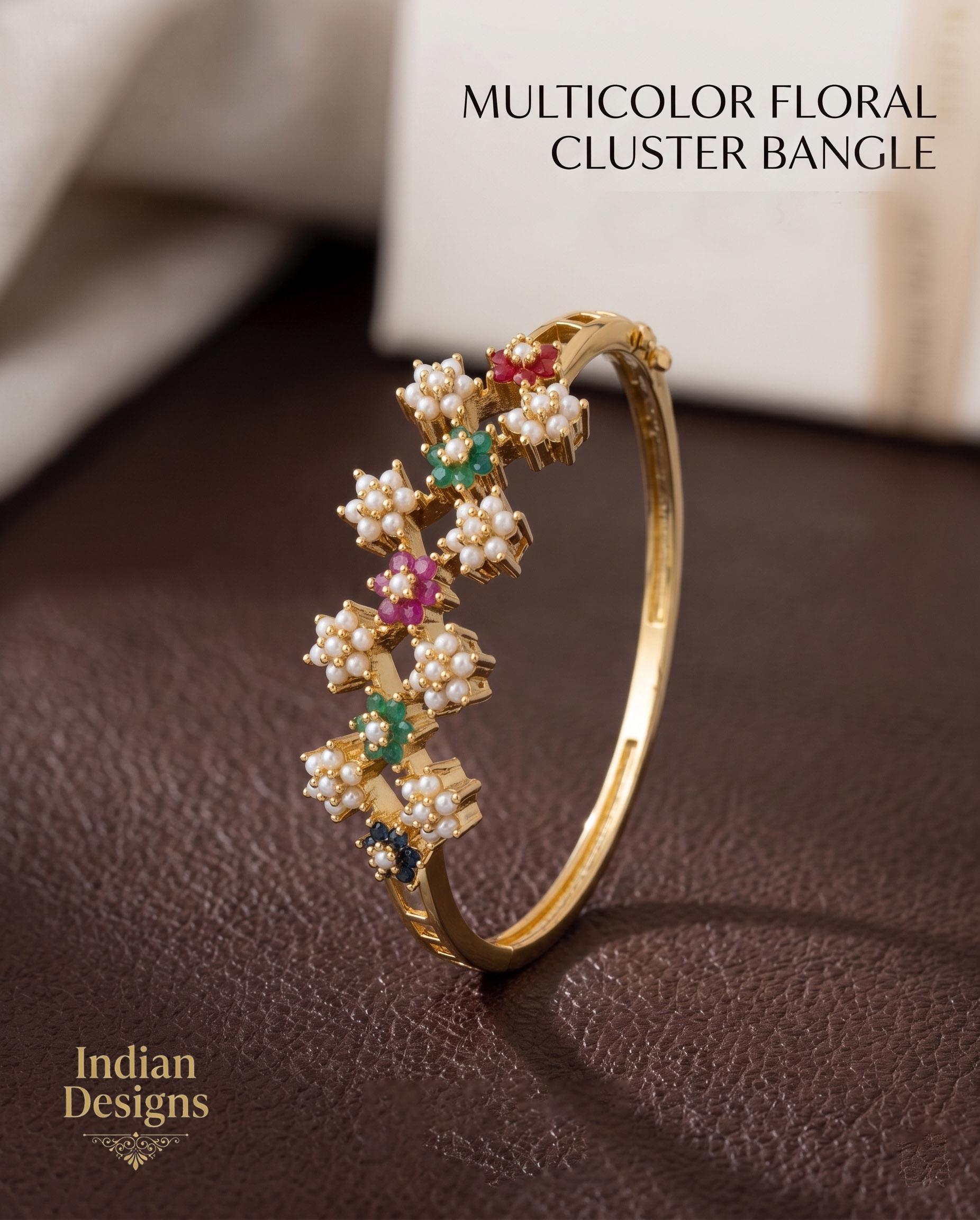 Gold Floral Bangle Bracelet| Indian Emerald Ruby Pearl Flower Cluster Kada| Statement Bridal Jewelry| Multi Gemstone Kada| Gift for Her
