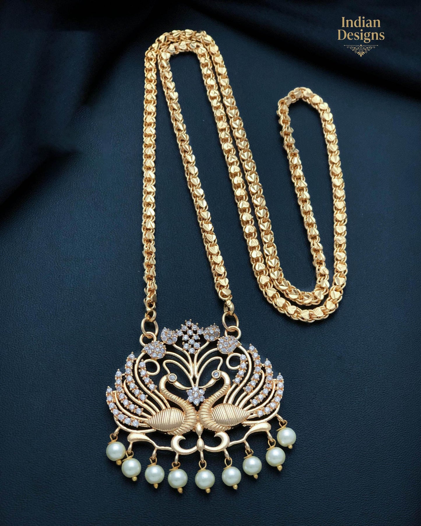 Peacock Pendant Long Necklace Gold Plated| AD Stone Indian Necklace | Temple Jewelry| Traditional South Indian Necklace| Gift for her