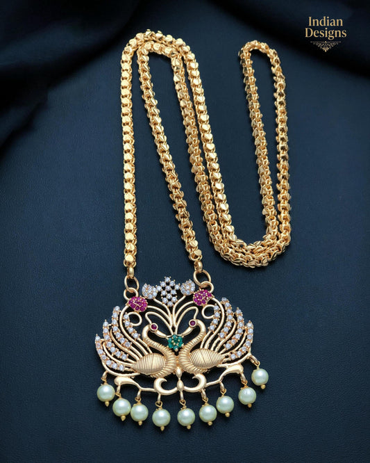 Peacock Pendant Long Necklace Gold Plated| AD Stone Indian Necklace | Temple Jewelry| Traditional South Indian Necklace| Gift for her