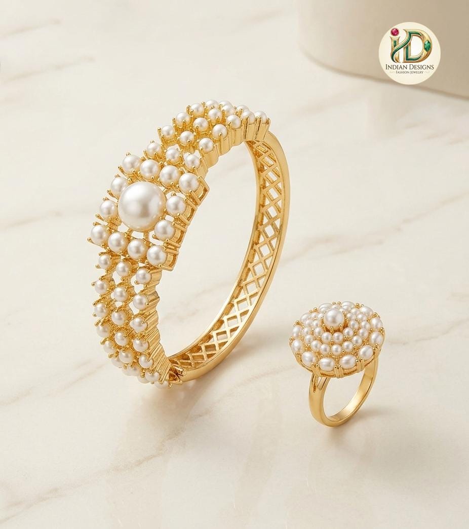 Openable pearl bangle| Indian Kundan Pearl Bangle and Ring Set|22k Gold Plated Kada Bracelet| Wedding Jewelry Gift for Her| Red Coral Bangle