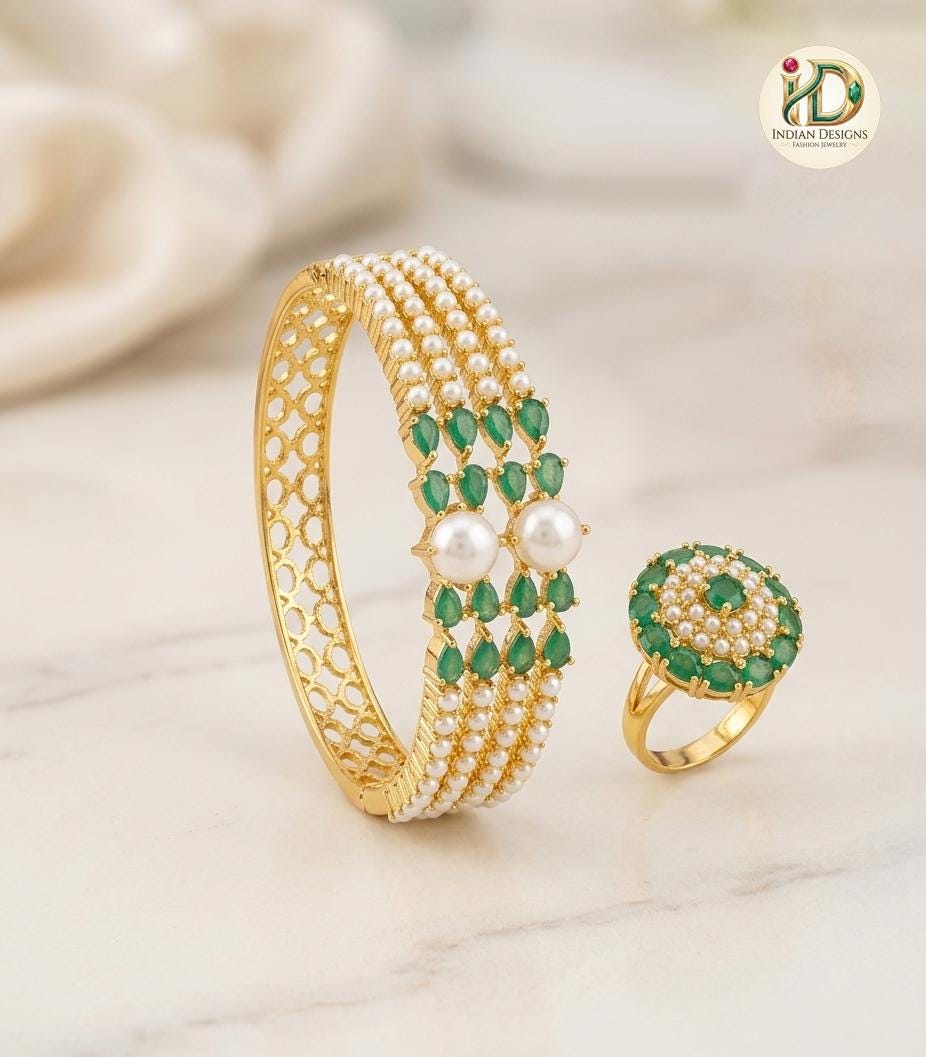 Openable pearl bangle| Indian Kundan Pearl Bangle and Ring Set|22k Gold Plated Kada Bracelet| Wedding Jewelry Gift for Her| Red Coral Bangle