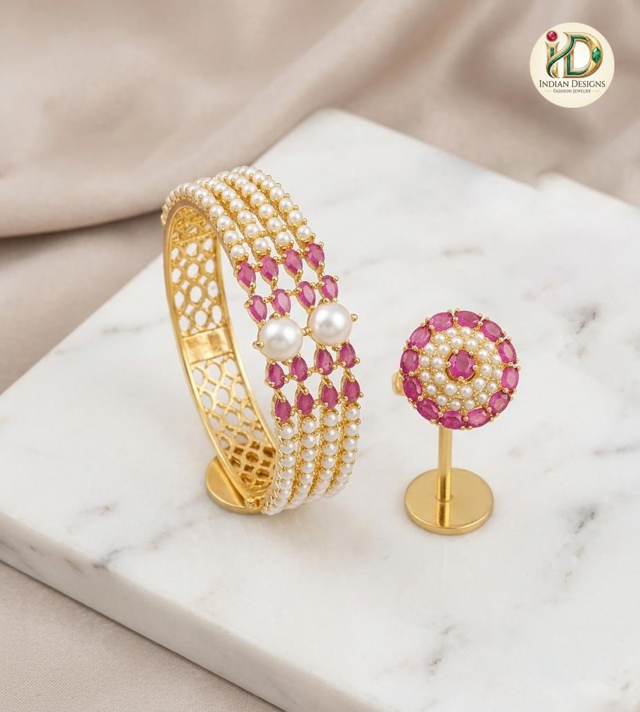 Openable pearl bangle| Indian Kundan Pearl Bangle and Ring Set|22k Gold Plated Kada Bracelet| Wedding Jewelry Gift for Her| Red Coral Bangle