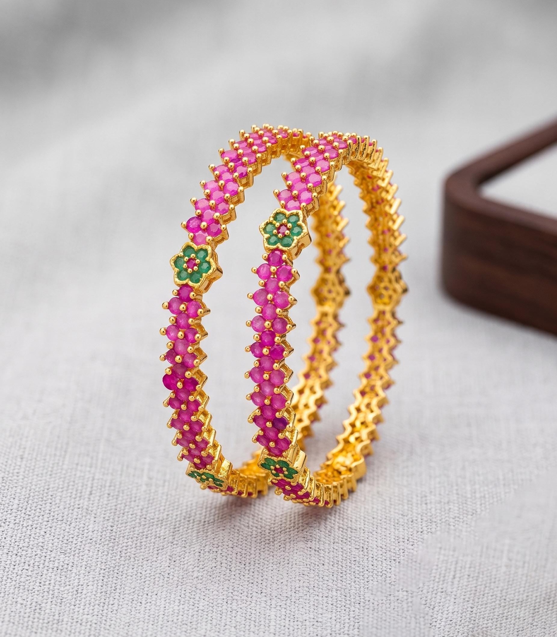 2.8 Size Ruby Stone Bangles Set| Gold Plated Indian Bangles set of 2| Pink Stone Bracelet |Indian Jewelry| Bridal Bangles| gift for her