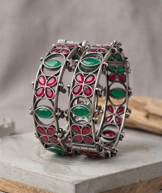 Oxidized Silver Bangles| Kundan AD stone Bracelets| Handmade Boho Cuff Bangles| Floral Design Bracelet| Gift for Her