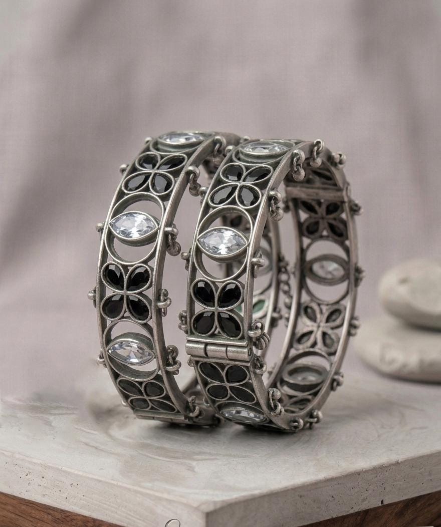 Oxidized Silver Bangles| Kundan AD stone Bracelets| Handmade Boho Cuff Bangles| Floral Design Bracelet| Gift for Her