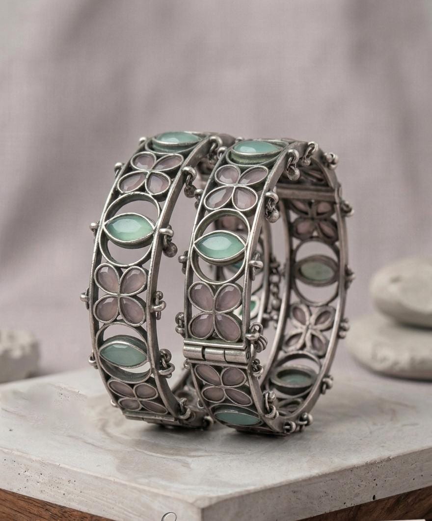 Oxidized Silver Bangles| Kundan AD stone Bracelets| Handmade Boho Cuff Bangles| Floral Design Bracelet| Gift for Her