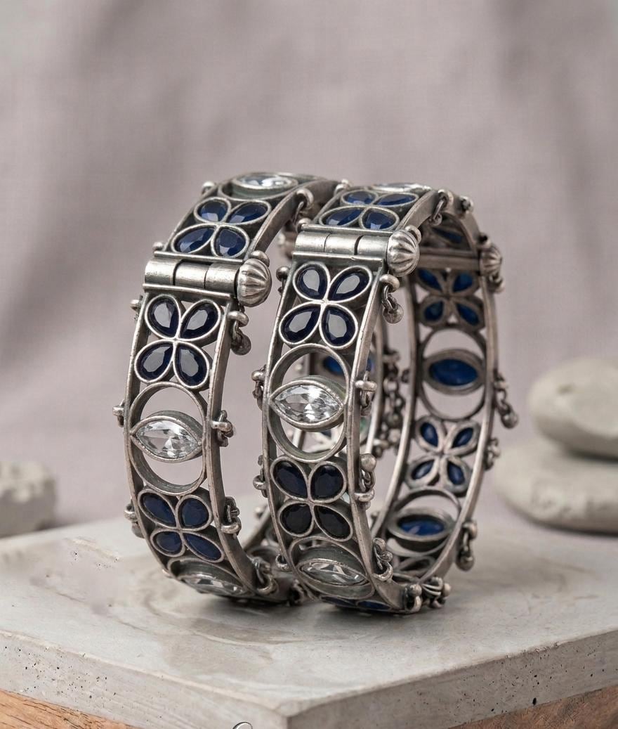Oxidized Silver Bangles| Kundan AD stone Bracelets| Handmade Boho Cuff Bangles| Floral Design Bracelet| Gift for Her