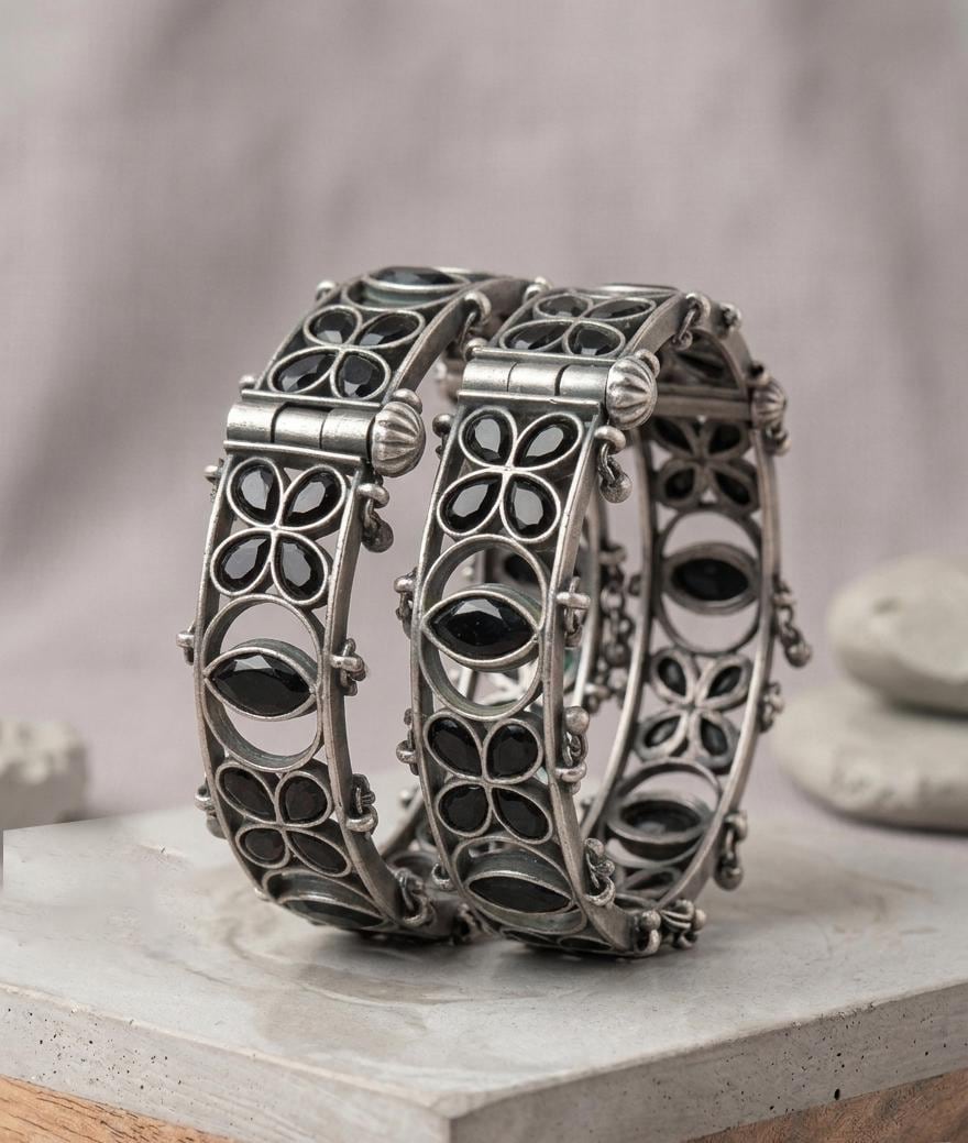 Oxidized Silver Bangles| Kundan AD stone Bracelets| Handmade Boho Cuff Bangles| Floral Design Bracelet| Gift for Her