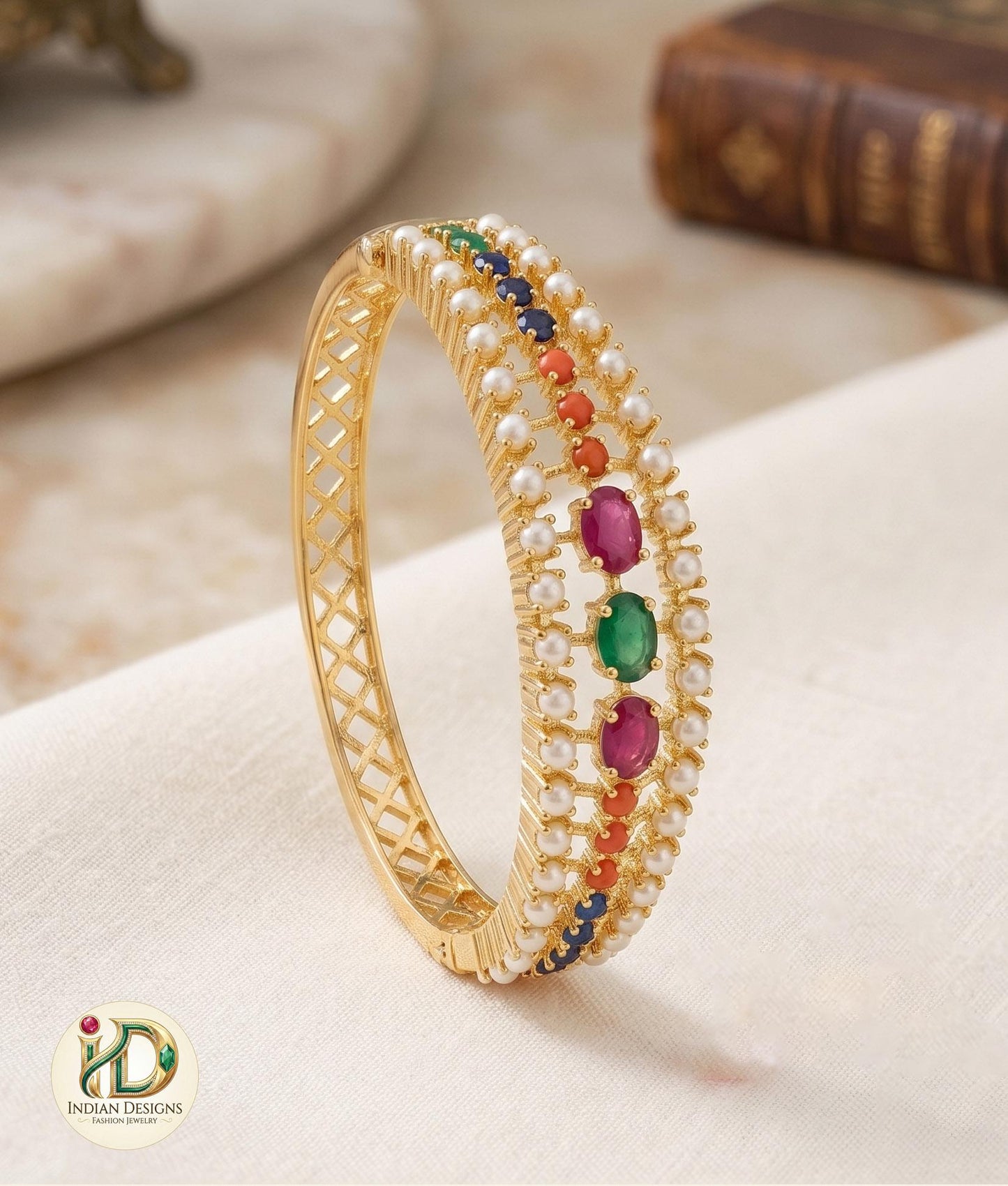 22k Gold Plated Kada Bangle| Emerald, Ruby, Pearl & Navaratna Stone Bracelet| Ethnic Brida Wear| Adjustable Openable Bangle| Gift for Her