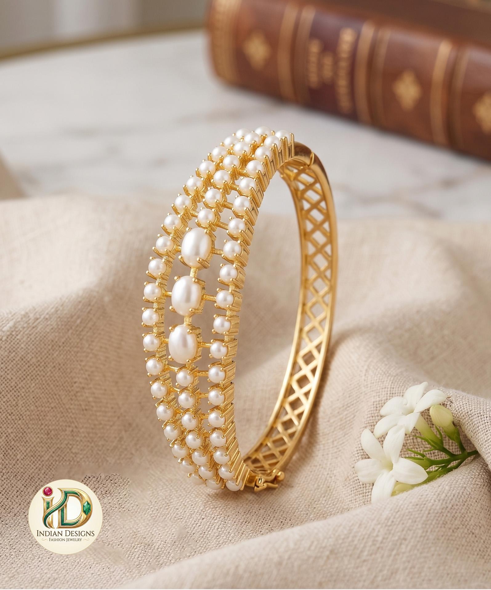22k Gold Plated Kada Bangle| Emerald, Ruby, Pearl & Navaratna Stone Bracelet| Ethnic Brida Wear| Adjustable Openable Bangle| Gift for Her