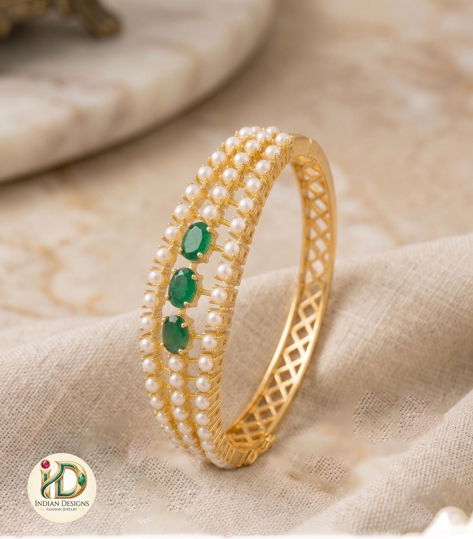 22k Gold Plated Kada Bangle| Emerald, Ruby, Pearl & Navaratna Stone Bracelet| Ethnic Brida Wear| Adjustable Openable Bangle| Gift for Her