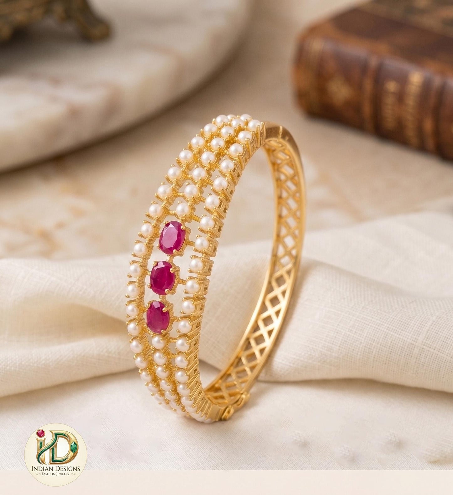 22k Gold Plated Kada Bangle| Emerald, Ruby, Pearl & Navaratna Stone Bracelet| Ethnic Brida Wear| Adjustable Openable Bangle| Gift for Her