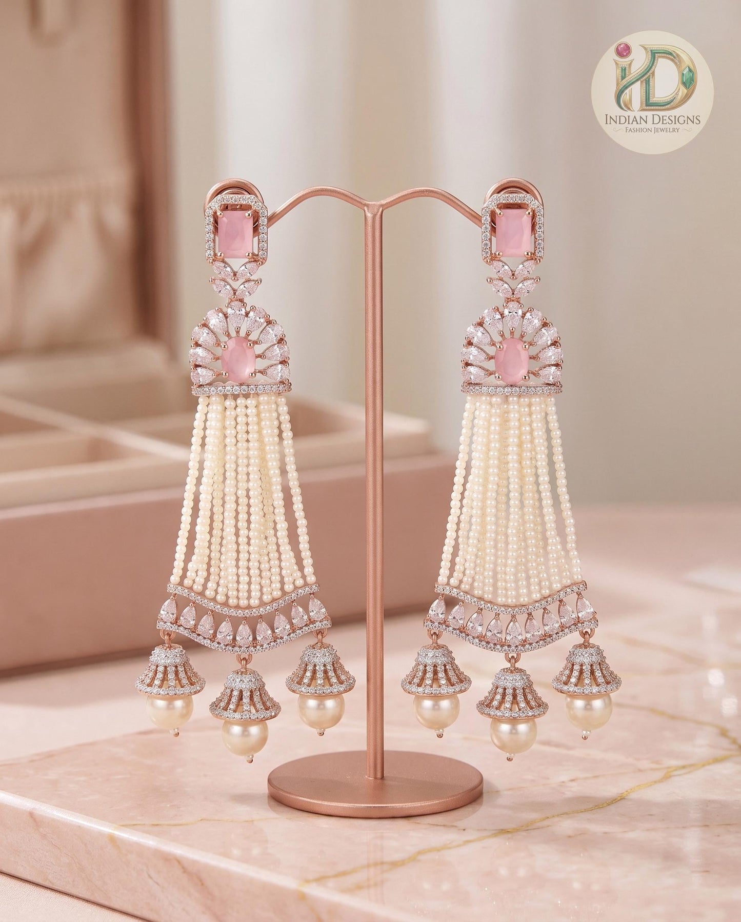 Rose Gold Plated White AD Stones Traditional Triple Jhumka Hanging Earrings|Diamond Jhumkas|Traditional Earrings