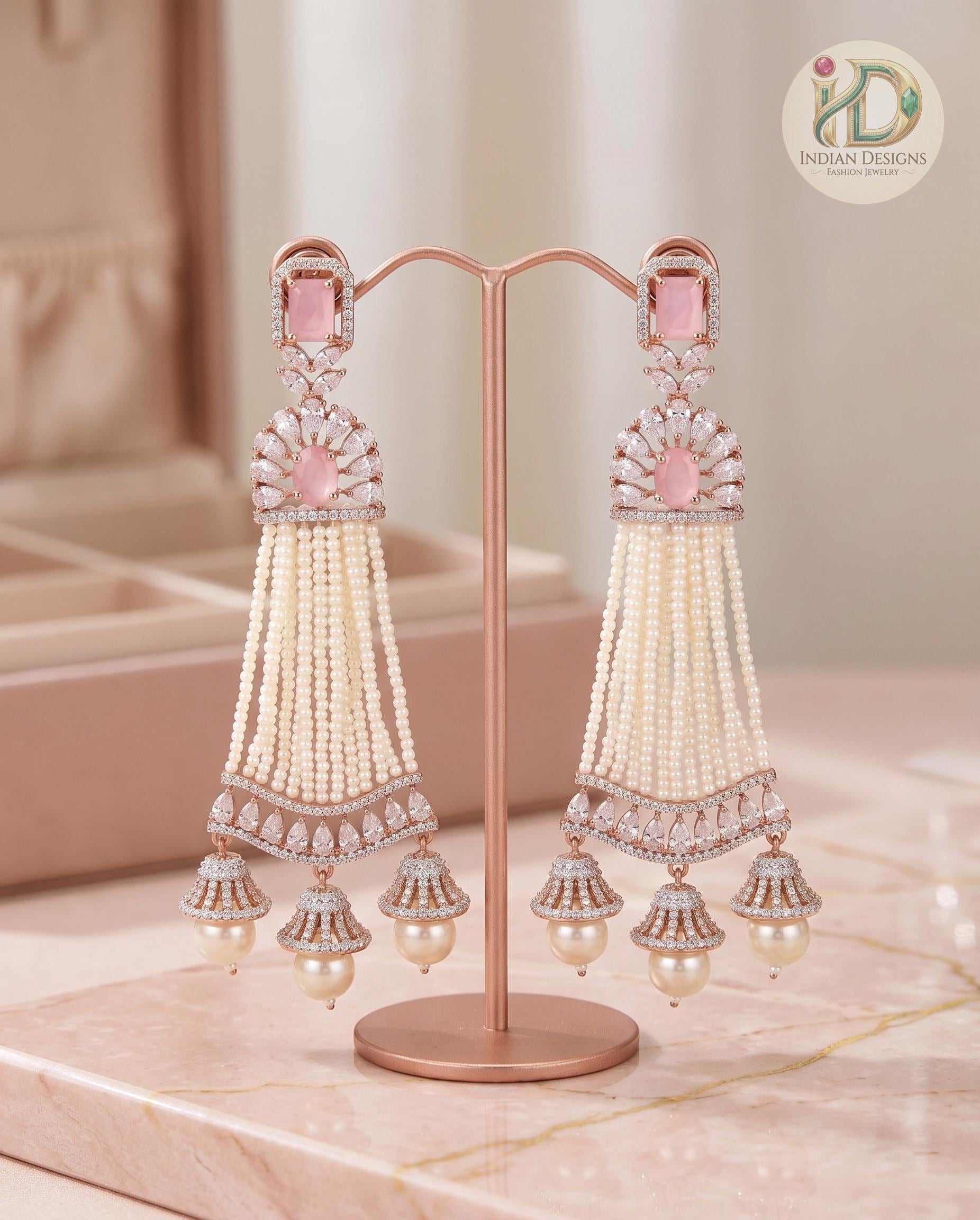 Rose Gold Plated White AD Stones Traditional Triple Jhumka Hanging Earrings|Diamond Jhumkas|Traditional Earrings