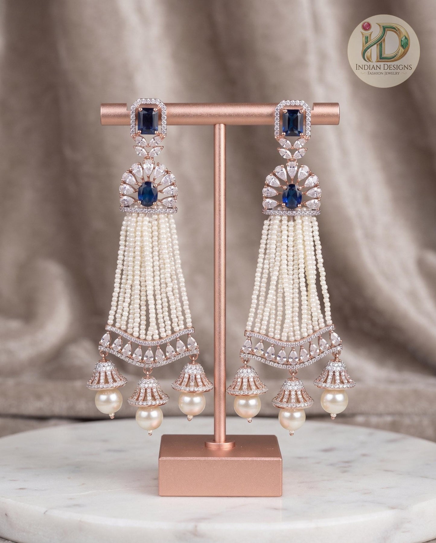 Rose Gold Plated White AD Stones Traditional Triple Jhumka Hanging Earrings|Diamond Jhumkas|Traditional Earrings