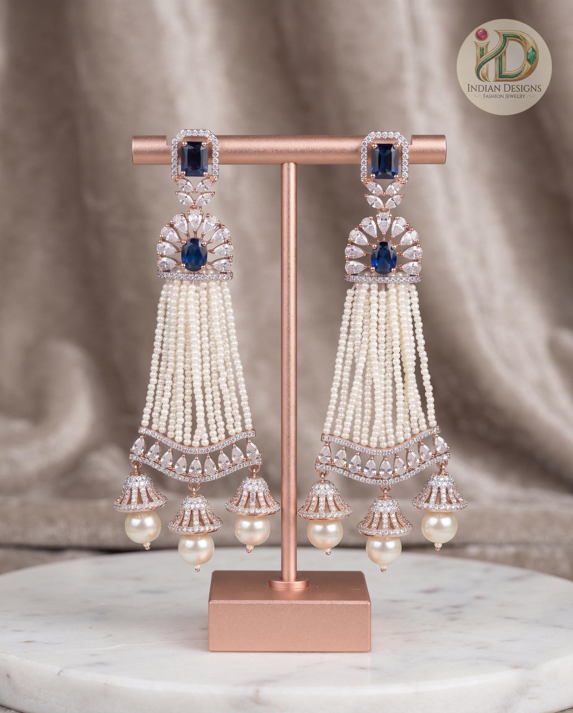 Rose Gold Plated White AD Stones Traditional Triple Jhumka Hanging Earrings|Diamond Jhumkas|Traditional Earrings