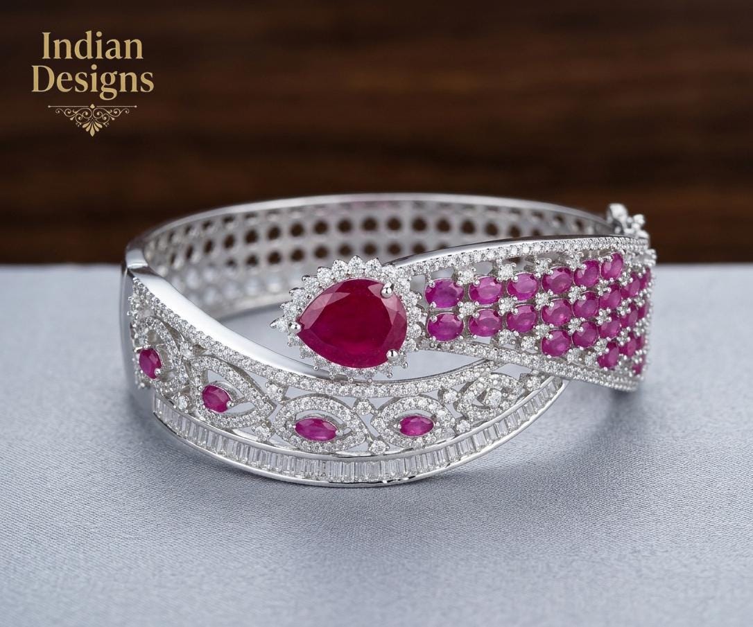 Silver Tone Ruby & Emerald CZ Bracelet for Women| Statement Kada Bangle| Bridal Party Jewelry| Open Cuff Bracelet 2.6/2.8 size| Gift for her
