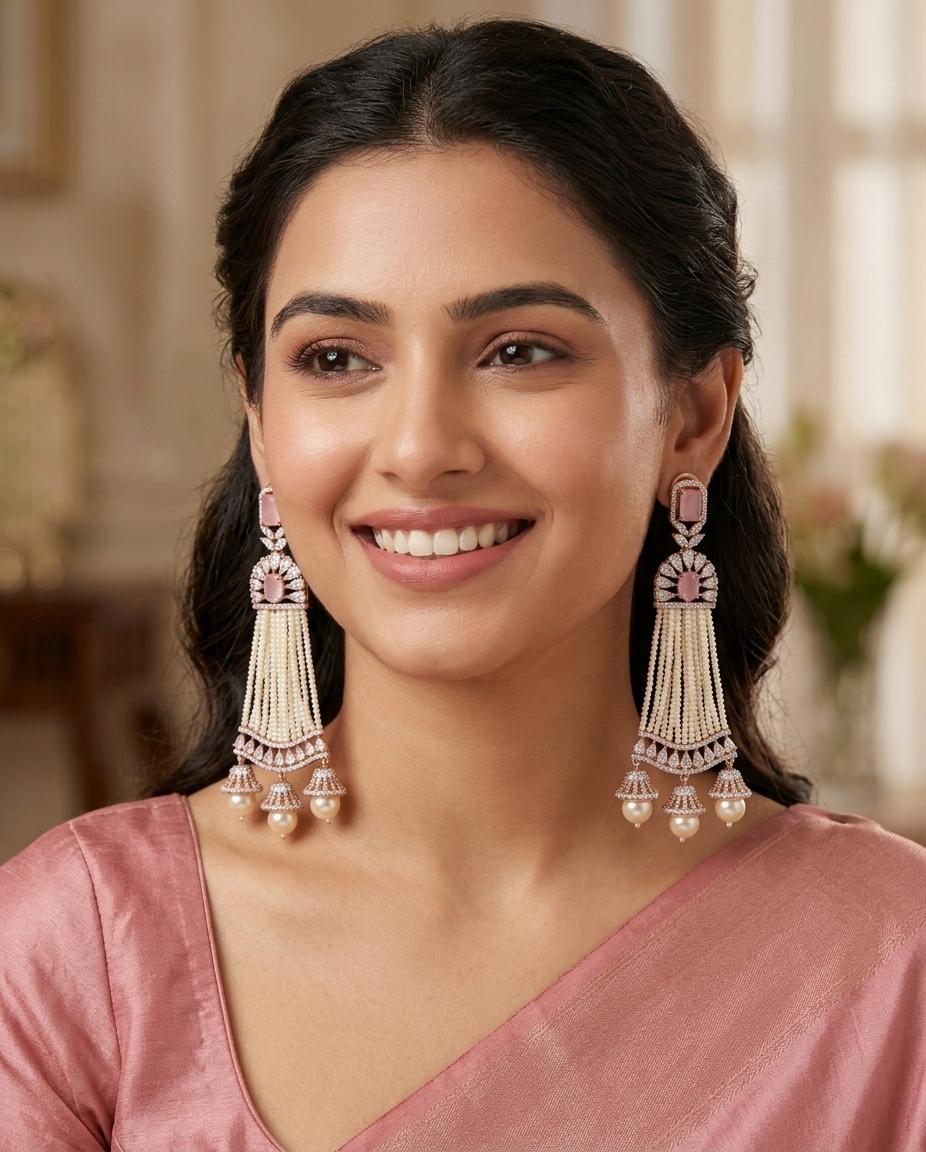 Rose Gold Plated White AD Stones Traditional Triple Jhumka Hanging Earrings|Diamond Jhumkas|Traditional Earrings