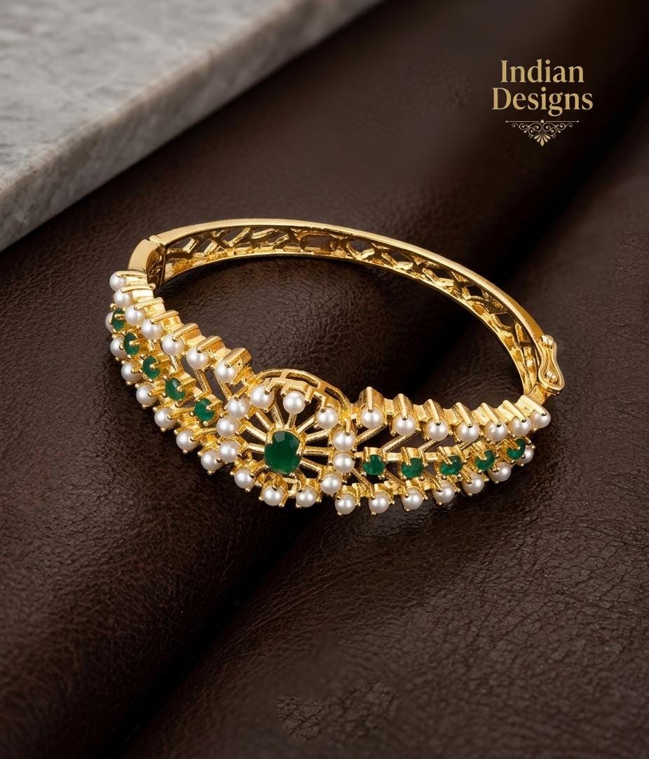 Traditional Pearl & Emerald Green Open Bracelet for Women| Gold Tone Kada Bangle| Bridal Jewelry| Statement Bracelet|Gift for her Size 2.6/8