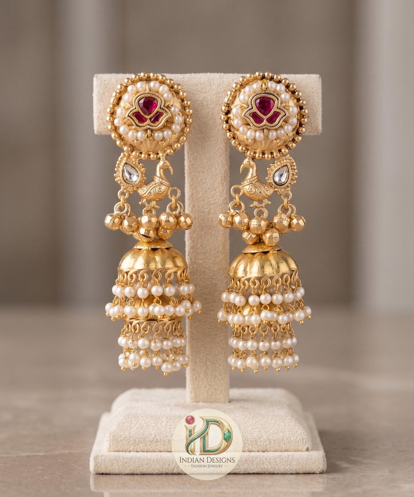Matte Gold Kundan Jhumka Earrings| Traditional South Indian Temple Earrings| Bridal Pearl Jhumkas| Festive Wedding Jewelry| Gift for her