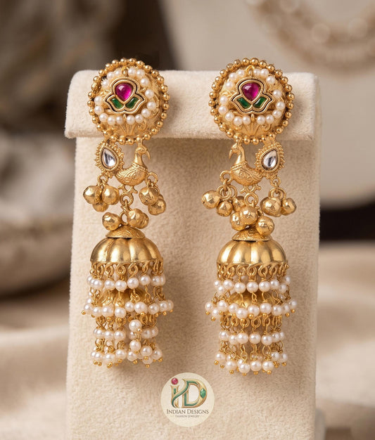 Matte Gold Kundan Jhumka Earrings| Traditional South Indian Temple Earrings| Bridal Pearl Jhumkas| Festive Wedding Jewelry| Gift for her