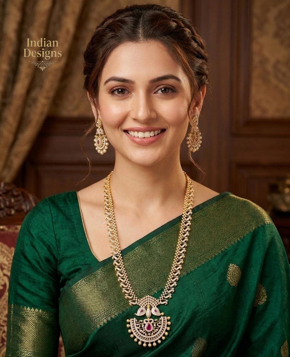 Traditional Indian Cz Haram Necklace Set with AD Stones| 22k Gold Plated South Indian Bridal Jewelry| Peacock Guttapusalu Long Necklace