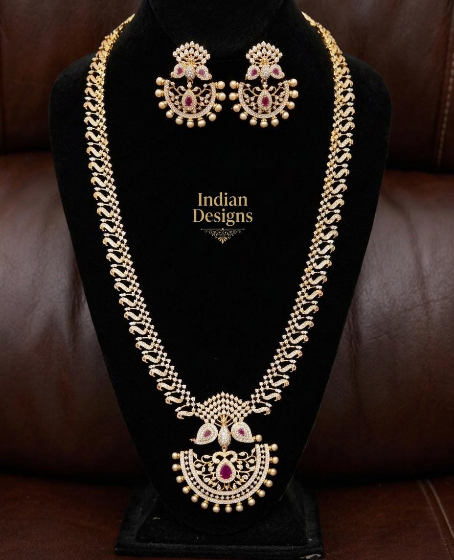 Traditional Indian Cz Haram Necklace Set with AD Stones| 22k Gold Plated South Indian Bridal Jewelry| Peacock Guttapusalu Long Necklace