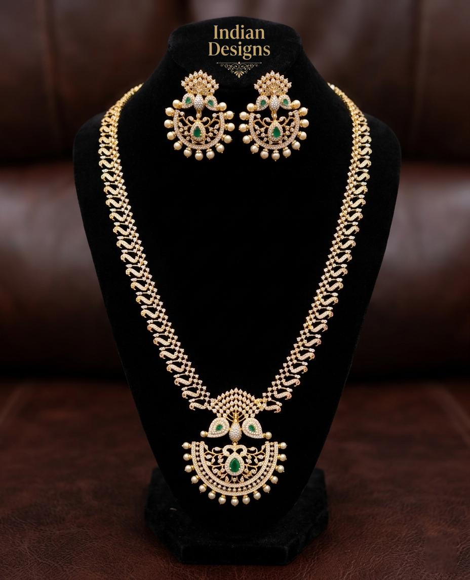 Traditional Indian Cz Haram Necklace Set with AD Stones| 22k Gold Plated South Indian Bridal Jewelry| Peacock Guttapusalu Long Necklace